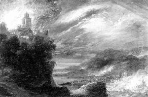 A Town On Fire In A Mountainous Landscape by Daniel van Heil