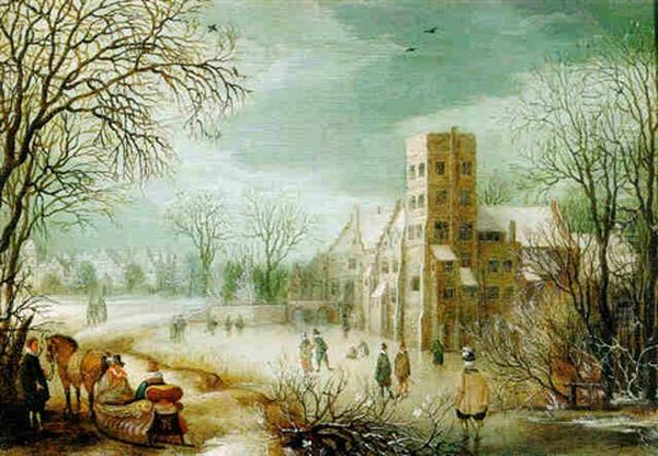 A Winter Landscape With Skaters And A Horse-drawn Sleigh Near A Castle - view 1