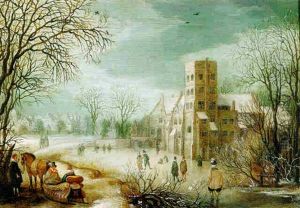 A Winter Landscape With Skaters And A Horse-drawn Sleigh Near A Castle by Daniel van Heil