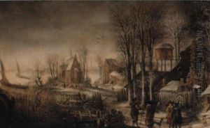 Winter Village Landscape Near A River With Figures Winter Village Landscape Near A River With Figures