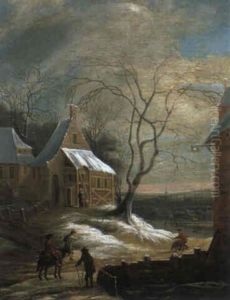 Winterlandschaft Mit Blick Auf Ein Dorf Und Einen Reiter by Daniel van Heil