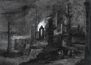 Lot Und Seine Toechter Fliehen Aus Dem Brennenden Sodom by Daniel van Heil