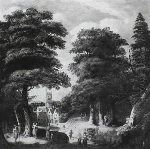 Figures On A Rocky Path With A Town Beyond - view 1