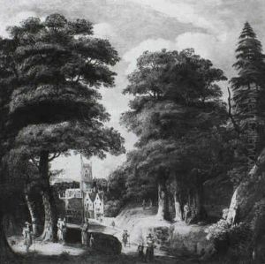 Figures On A Rocky Path With A Town Beyond