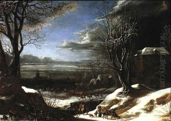 An Extensive Winter Landscape With Travellers In The Foreground And A Town Beyond - view 1