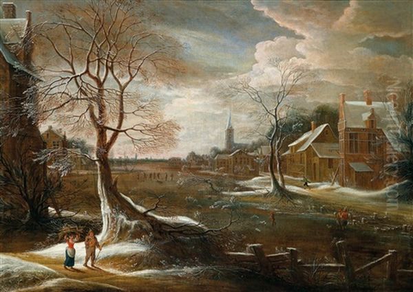 Eine Winterlandschaft Mit Einem Dorf Und Eislaufern - view 1