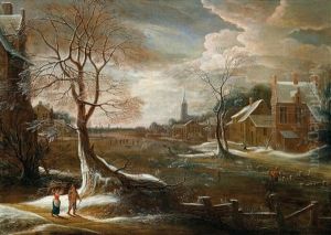 Eine Winterlandschaft Mit Einem Dorf Und Eislaufern Eine Winterlandschaft Mit Einem Dorf Und Eislaufern