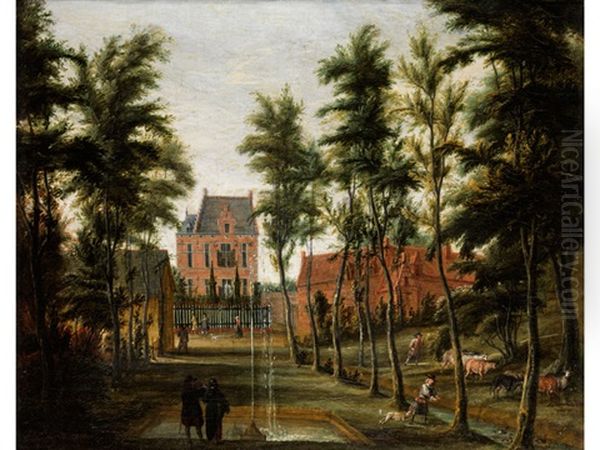 Parkanlage Mit Springbrunnen Vor Einem Schlossgebaude - view 1