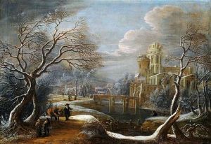 Winterlandschaft Mit Reisenden An Einem Fluss, An Dessen Ufer Sich Ein Schloss Erhebt Winterlandschaft Mit Reisenden An Einem Fluss, An Dessen Ufer Sich Ein Schloss Erhebt
