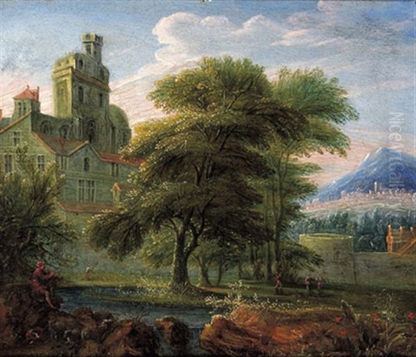 Bewaldete Flusslandschaft Mit Einem Schloss Und Einem Auf Der Schalmei Spielenden Hirten - view 1