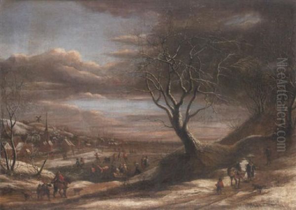 A Winter Landscape With Travellers On A Path And Figures Skating On A Lake, A View To A Village Beyond - view 1