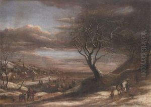 A Winter Landscape With Travellers On A Path And Figures Skating On A Lake, A View To A Village Beyond A Winter Landscape With Travellers On A Path And Figures Skating On A Lake, A View To A Village Beyond