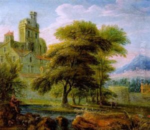 Bewaldete Fluslandschaft Mit Einem Schlos Und Einem Auf Der Schalmei Spielenden Hirten Bewaldete Fluslandschaft Mit Einem Schlos Und Einem Auf Der Schalmei Spielenden Hirten
