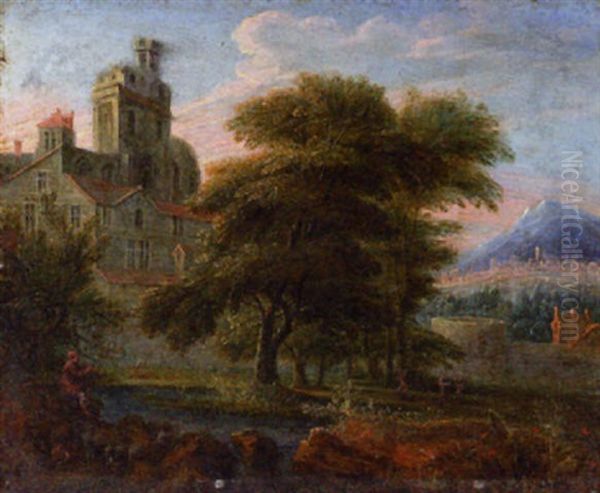 A River Landscape With A Shepherd Playing Music On The Shore, A Palace Beyond - view 1