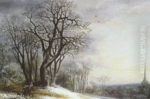 Paysage De Neige Avec Cavalier Et Son Valet Sur Un Chemin Forestier Paysage De Neige Avec Cavalier Et Son Valet Sur Un Chemin Forestier