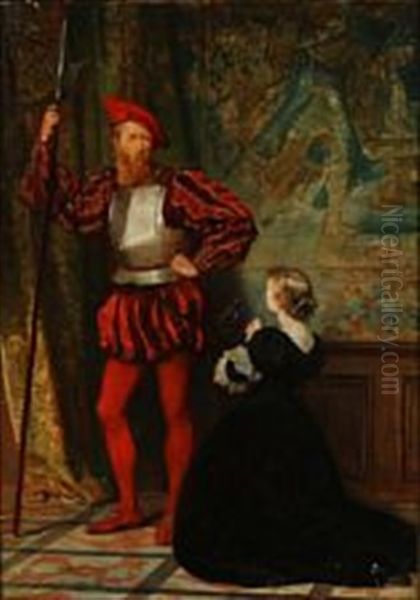 A Kneeling Woman In Front Of A Guard In Armor - view 1