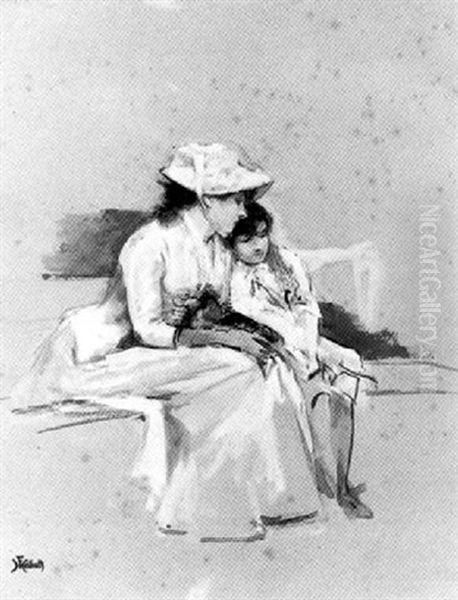 Femme Et Enfant Assis Sur Un Banc - view 1