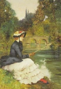 Flussufer Mit Fischerin Flussufer Mit Fischerin