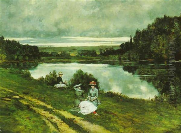 Elegant Ladies Sitting On The Bank Of A River - view 1