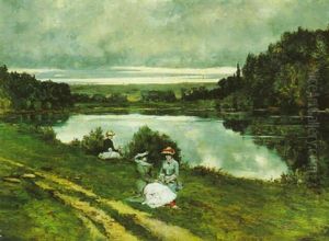 Elegant Ladies Sitting On The Bank Of A River