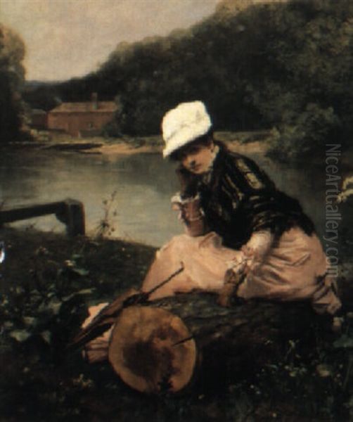 Portrait Of A Woman In Pink Gown Resting Near A River Bank - view 1
