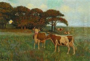 A Field With Cows And Sun Shining Through The Trees by Gerhard Heilmann