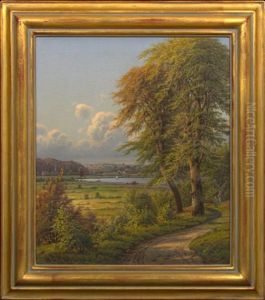 Figures On A Country Path, Lake Visible In The Distance