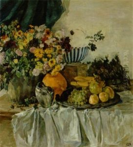 Opstilling Med Frugter Pa Et Fad Og Blomster I Vase by Gerhard Heilmann