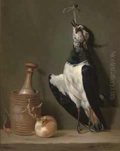 A Lapwing Suspended From A Nail With An Onion, A Shallot And A Pestle And Mortar On A Wooded Ledge