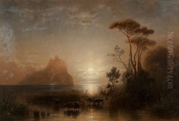 Moonlit Bay With A Castle Atop An Island In The Distance - view 1