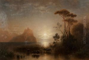 Moonlit Bay With A Castle Atop An Island In The Distance by Karl Heilmayer