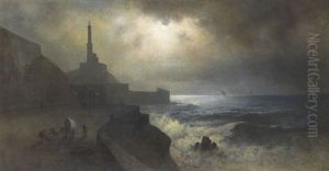 Der Sturmgepeitschte Hafen Von Genua Bei Vollmond by Karl Heilmayer