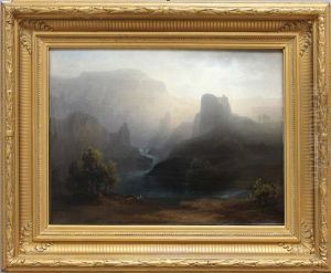 Nebelverhangene, Norditalienische Landschaft Mit Hirten Am Flusslauf
