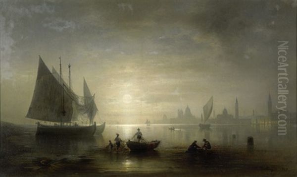 Fischerboote In Der Lagune Von Venedig Bei Vollmond, Im Hintergrund Die Silhouette Von Santa Maria Della Salute Und Der Erleuchtete Markusplatz - view 1