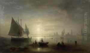 Fischerboote In Der Lagune Von Venedig Bei Vollmond, Im Hintergrund Die Silhouette Von Santa Maria Della Salute Und Der Erleuchtete Markusplatz by Karl Heilmayer