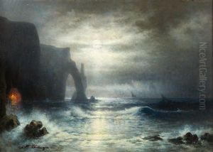 Mondnacht An Der Kuste Bei Etretat In Der Normandie by Karl Heilmayer