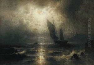 Segelboot Vor Der Kuste Im Mondschein by Karl Heilmayer