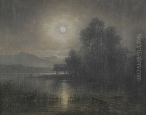Mondnacht Am See, Im Hintergrund Die Alpen by Karl Heilmayer
