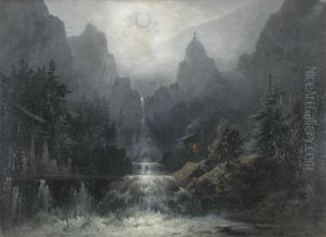 Blick Auf Einen Wasserfall Mit Hutten Bei Mondlicht