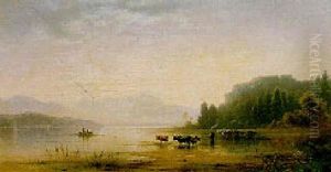 Cattle Watering On The Banks Of A Lake With Fishermen Hauling In Their Nets, Mountainous Landscape Beyond