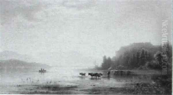 Cattle Watering At A Lake, Mountains Beyond - view 1