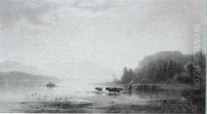 Cattle Watering At A Lake, Mountains Beyond by Karl Heilmayer