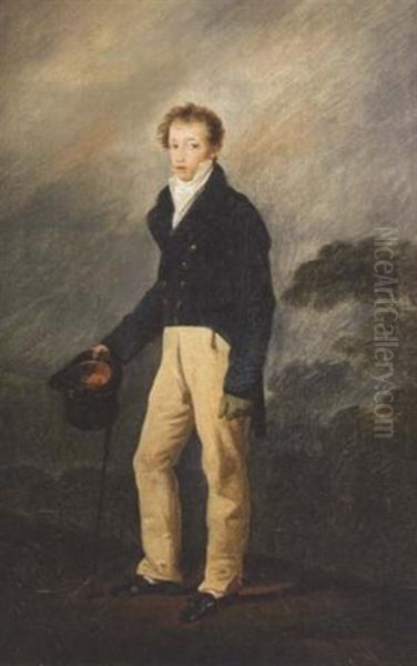 Portrait Of A Young Man Standing, Holding A Hat And Cane - view 1