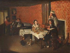 An Elegant Interior With Figures Eating And Drinking, A Sleeping Man Being Woken By A Maid Beyond