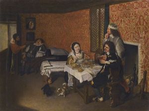 Interior Of A House With A Woman And Two Men Eating At A Table, A Sleeping Man Beside A Bed Being Woken By A Maid Beyond