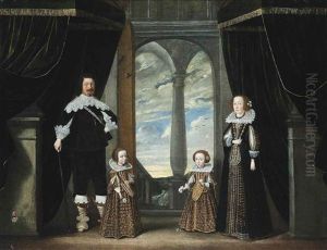 Group Portrait Of An Aristocratic Family, Full-length, Before A Draped Curtain, In An Interior, A Park Landscape Beyond
