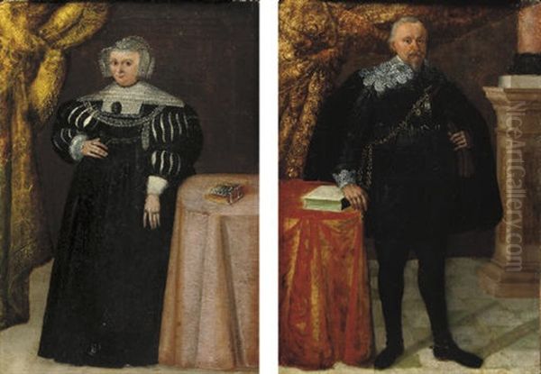 Portrait Of A Gentleman In A Black Coat, By A Table (+ Portrait Of A Lady In A Black Dress; Pair) - view 1