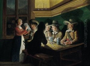 Zechende Und Rauchende Herrenrunde Bei Kerzenschein In Einer Wirtsstube, Bedient Von Einer Schenkmagd Zechende Und Rauchende Herrenrunde Bei Kerzenschein In Einer Wirtsstube, Bedient Von Einer Schenkmagd