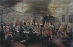 Elegant Company Dancing And Feasting, In A Palace Interior