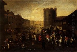 A Market Scene In A Town With A Piazza Beyond by Wolfgang Heimbach